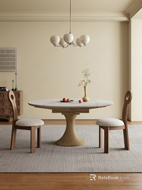 Warm Restaurant Dining Area With Round Table Wooden Chairs Flower Vase Fruits And Pendant Chandelier 3d model 