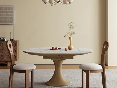 Warm Restaurant Dining Area With Round Table Wooden Chairs Flower Vase Fruits And Pendant Chandelier 3d model