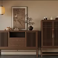 Traditional Chinese Interior With Wooden Cabinets Decorative Items And Pendant Lamp