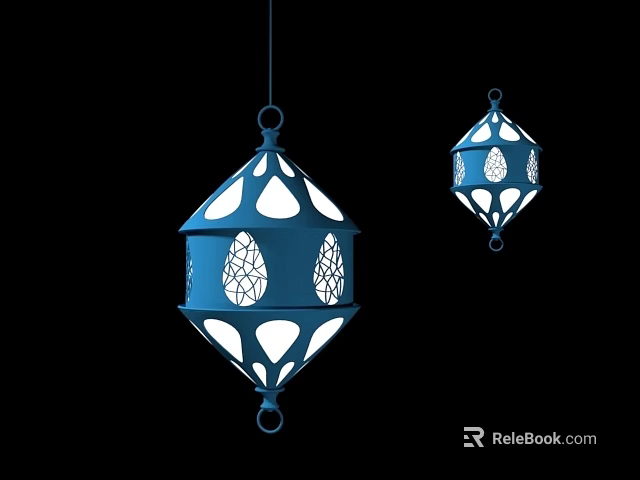 Two Blue Hexagonal Chandeliers with Hollow-out Patterns on Black Background 3d model