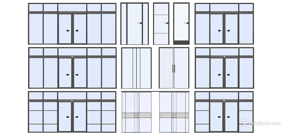 Hinged Doors With Various Glass Panel Designs And Frame Styles For Home 3d model