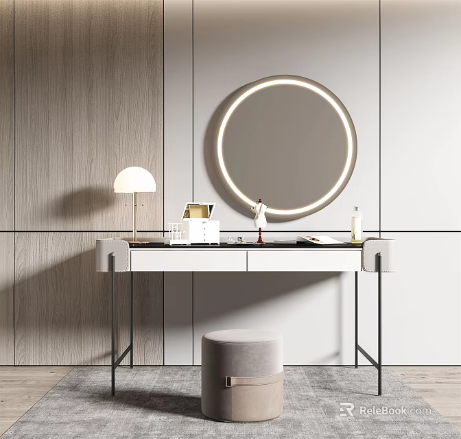 Modern Dressing Table With Round Backlit Mirror Table Lamp And Velvet Stool 3d model