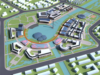 Aerial Planning of Integrated Urban Area With Diverse Buildings Circular Layout and Water Features 3d model