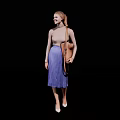 A Woman Wearing Beige Top And Purple Pleated Skirt Carrying Brown Bag Against Black Background