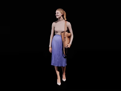 A Woman Wearing Beige Top And Purple Pleated Skirt Carrying Brown Bag Against Black Background 3d model