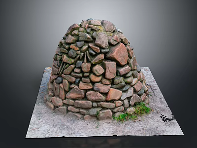 Stone Dome Structure Made of Various Stones on Stone Slab Base with Green Grass 3d model