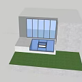 White Detached Villa With Large Glass Windows Glass Roof Green Lawn Trees And Blue Sky