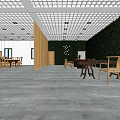 Modern Interior with Wooden Cabinets Circular Seating Tables Plant Wall Grid Ceiling and Concrete Floor