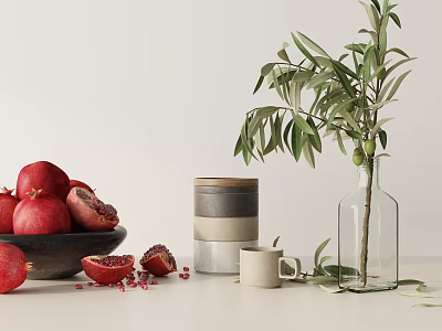 Decorative Ornament Set With Pomegranates Black Bowl Cups Clear Glass Vase And Olive Branch 3d model
