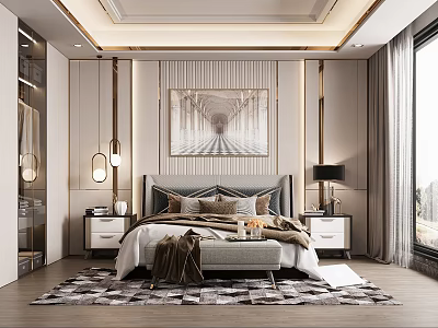 Modern Bedroom Interior Design With Upholstered Bed Artwork Nightstands Hanging Lamps And Rug 3d model