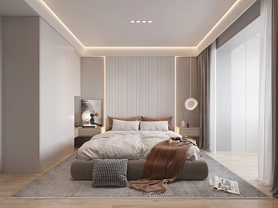 Modern Bedroom Interior With Comfortable Bed Pillows Throw Blanket Nightstands Ceiling Lights And Area Rug 3d model