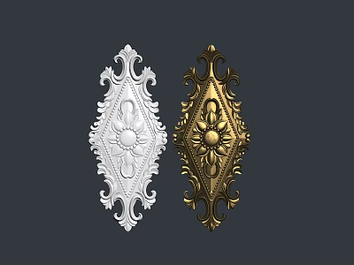 Diamond Shaped White And Gold Carvings With Intricate Patterns And Central Floral Design 3d model