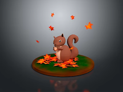 Brown Squirrel Movie Character Standing On Green Platform With Falling Orange Maple Leaves 3d model