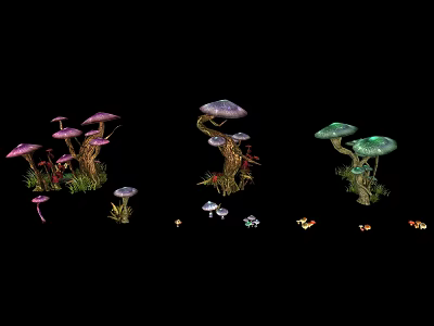 Colorful Mushrooms With Various Colors Growing On Black Background With Grass And Small Flowers 3d model