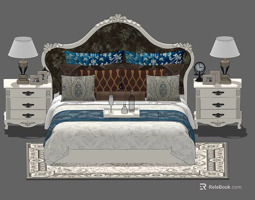 Elegant Double Bed With Ornate Headboard Decorative Pillows Bedside Lamps And Area Rug 3d model 