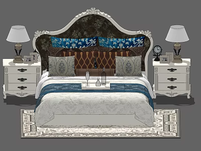 Elegant Double Bed With Ornate Headboard Decorative Pillows Bedside Lamps And Area Rug 3d model