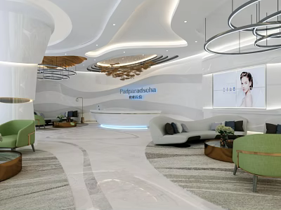 Modern Beauty and Hair Salon Interior With Comfortable Sofas Green Plants and Elegant Lighting 3d model