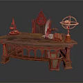 Antique Wooden Desk With Ornate Carved Design Eagle Statue Globe And Scrolls