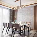 Elegant Modern Dining Table Set With Chairs Chandelier Vase And Wave Pattern Wallpaper 3d model