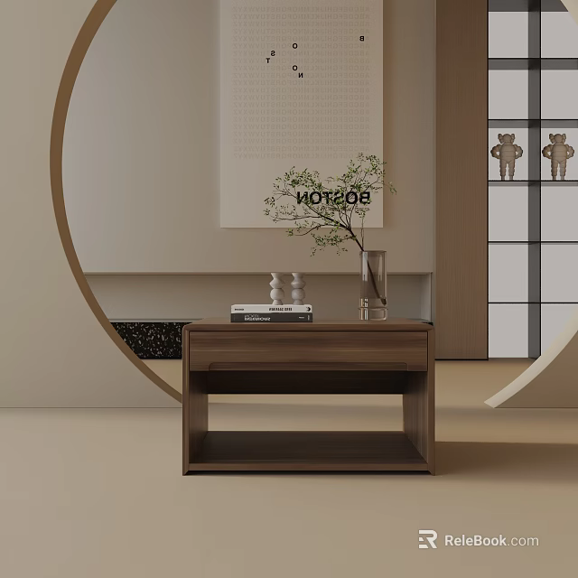 Modern Minimalist Wooden Bedside Table With Vase Plant Books And Circular Decor 3d model 