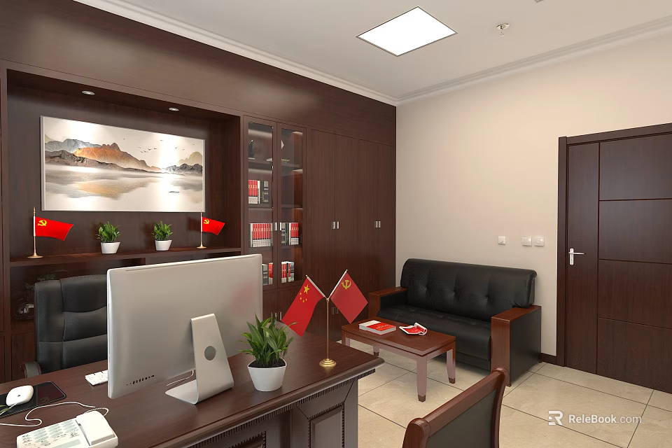 Office Interior Design With Wooden Desk Computer Monitor Black Leather Sofa And Bookshelf 3d model 