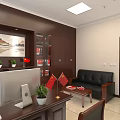 Office Interior Design With Wooden Desk Computer Monitor Black Leather Sofa And Bookshelf