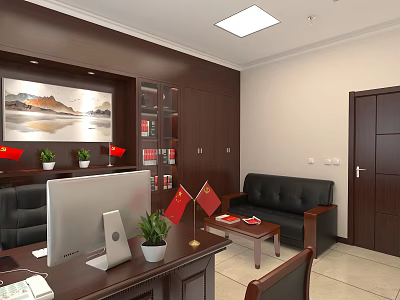 Office Interior Design With Wooden Desk Computer Monitor Black Leather Sofa And Bookshelf 3d model