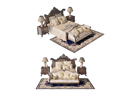 Classic Double Bed With Carved Headboard Nightstands Table Lamps And Rug 3d model