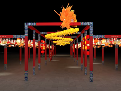 Traditional Event Gateway With Red Pillars Blue Patterns Yellow Dragon And Red Yellow Lanterns 3d model