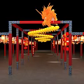 Traditional Event Gateway With Red Pillars Blue Patterns Yellow Dragon And Red Yellow Lanterns