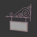 Ornate Metal Bracket Billboard With Scroll Design Arrow Accent And Rectangular White Panel Wooden Frame 3d model