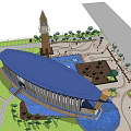 Elegant Modern Sales Office Building With Water Feature Flower Beds And Pedestrians