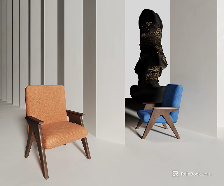 Modern Orange And Blue Fabric Lounge Chairs With Wooden Legs In Minimalist Interior 3d model 