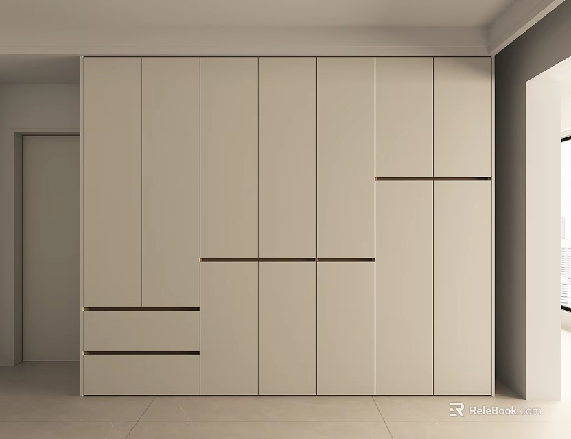 Modern Minimalist Light Colored Wardrobe Interior With Sleek Cabinet Doors And Drawers 3d model 