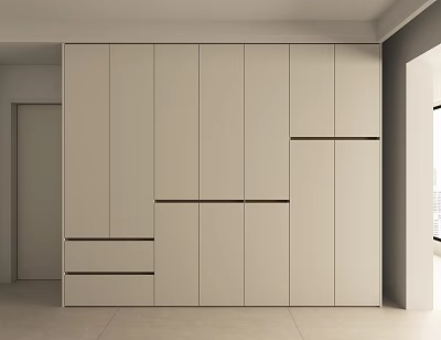 Modern Minimalist Light Colored Wardrobe Interior With Sleek Cabinet Doors And Drawers 3d model