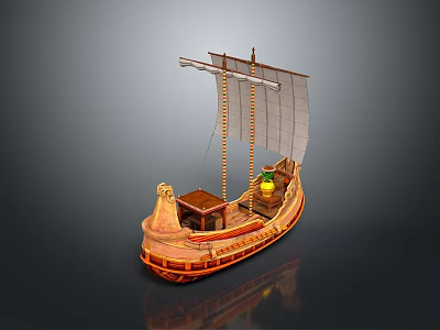 Ancient Wooden Sailing Boat Model With Decorative Bow And White Sail Structure 3d model