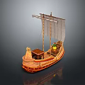 Ancient Wooden Sailing Boat Model With Decorative Bow And White Sail Structure