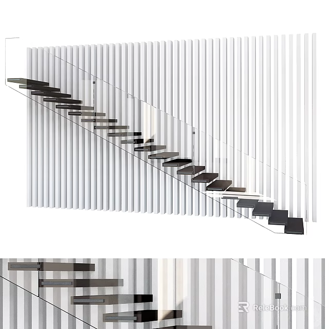 Modern Staircase Design With Black Metal Treads And White Vertical Panel Wall 3d model 