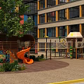 Outdoor Playground Equipment With Wooden Structure Orange Slide Colorful Rings And Green Plants