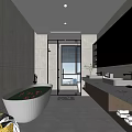 Modern Bathroom Interior With Freestanding Bathtub Double Sinks And Glass Shower