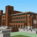 Classic European Style Architecture Red Brick Exterior with Arched Windows Stone Steps and Clock Tower