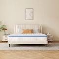 Comfortable Beige Mattress With Blue Edge And Padded Headboard Pillows Nightstand Plant And Window Curtains