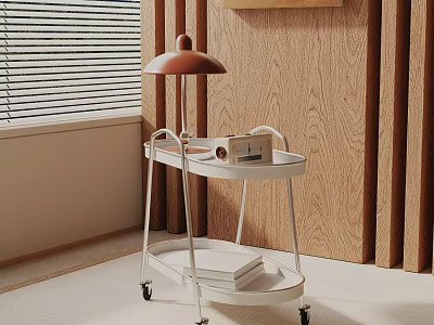 Modern Rolling Side Table With White Frame Orange Lamp Wooden Wall And Window Blinds 3d model