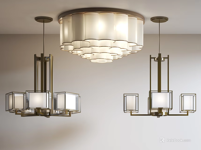 Modern Lighting Combination With Round Ceiling Lamp And Metal Frame Pendant Lights 3d model