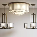 Modern Lighting Combination With Round Ceiling Lamp And Metal Frame Pendant Lights 3d model