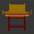 Traditional Chinese Architecture Red Pavilion With Yellow Curved Roof And Decorative Railings