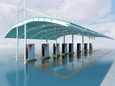 Electric Vehicle Charging Station Canopy With Row Of Chargers And Parking Lines 3d model
