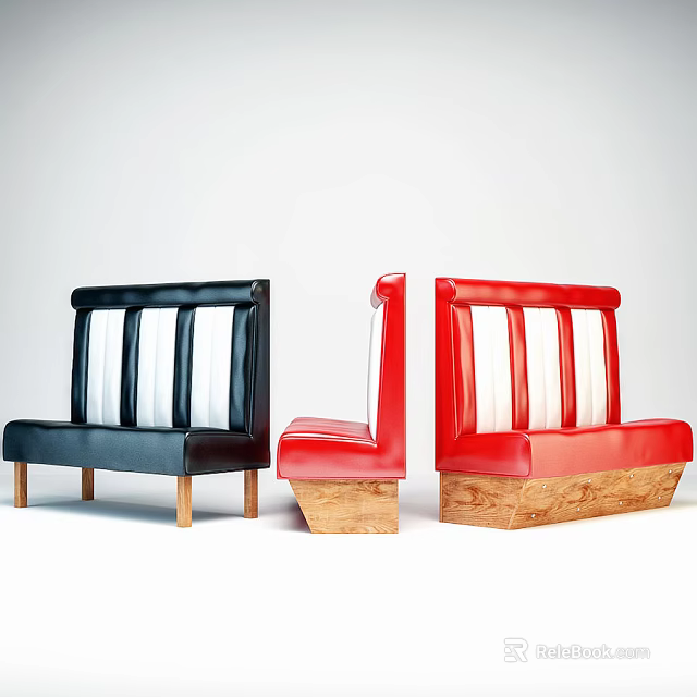 Black And Red Leather Multi Person Sofa With White Stripe Details And Wooden Legs 3d model 