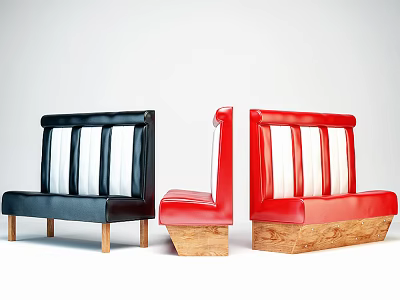 Black And Red Leather Multi Person Sofa With White Stripe Details And Wooden Legs 3d model