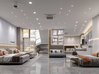 Modern Furniture Showroom With Bed Displays Sofas And Spacious Bright Interior Design 3d model